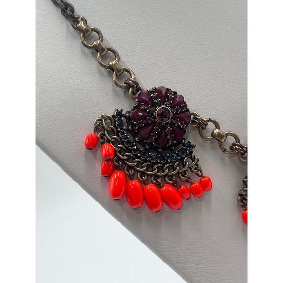 J. CREW Fan Fringe Flower Purple Orange Gold Tone Statement Bib Necklace - Picture 12 of 16